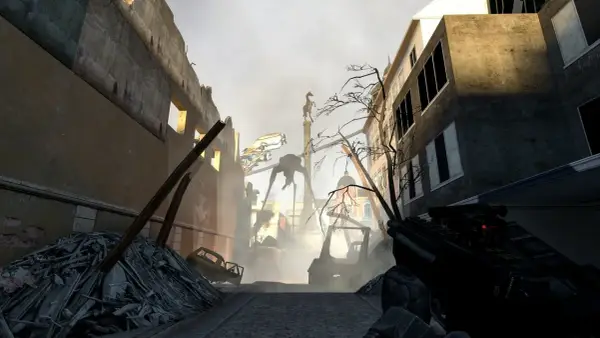 Zniszczone miasto w Half-Life 2 Remastered. W oddali widać maszynę kroczącą Combine.