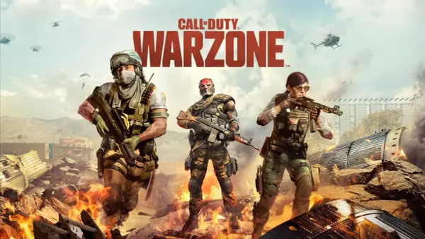 Trzech żołnierzy Call of Duty Warzone w akcji, otoczonych płomieniami i zniszczeniem. Sprawdź call of duty warzone wymagania, by dołączyć do walki!