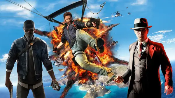 Trzej bohaterowie w akcji, wybuchy, helikoptery i samoloty. Idealne dla fanów gier podobnych do GTA.