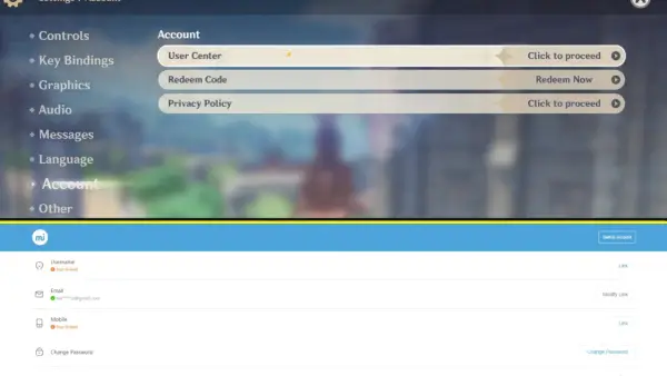 Ustawienia konta w Genshin Impact, opcje takie jak User Center, Redeem Code. Możliwość gry na Xbox.