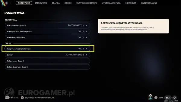 Ustawienia gry, opcja "Rozgrywka międzyplatformowa" włączona. Możliwość gry z graczami na innych platformach.