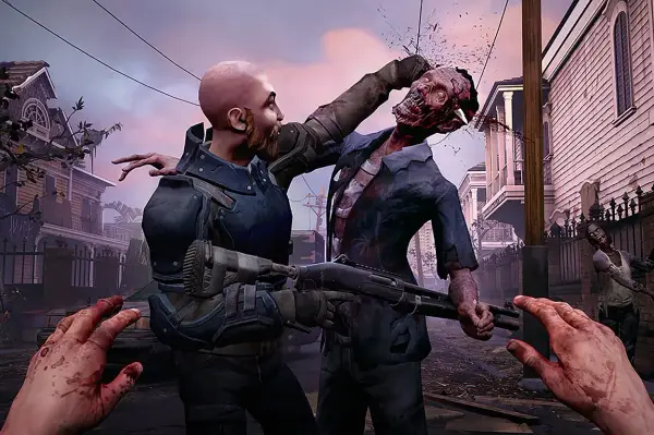 Intensywna scena z gry o zombie: mężczyzna walczy z potworem, strzelając mu w głowę. W tle widać inne zombie i zniszczone domy.