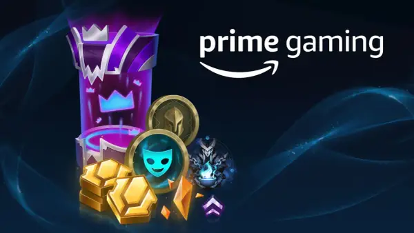 Nagrody z Prime Gaming dla graczy League of Legends: złote monety, ikony i fioletowy totem.