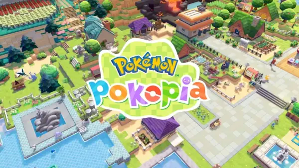 Kolorowa wioska z gry Pokemon na PC. Logo "Pokemon Pokopia" na tle uroczej, stylizowanej grafiki.