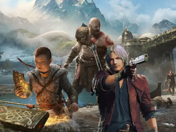 Kratos i Atreus z God of War obok Dantego z Devil May Cry. Idealne dla fanów **gier podobnych do God of War**.