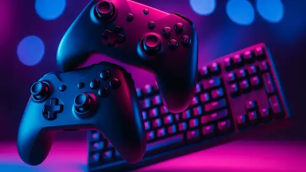 Dwa kontrolery Xbox i klawiatura w neonowym świetle, idealne do gier z dźwiękiem Dolby Atmos.