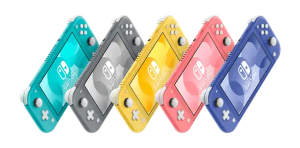 Różne rodzaje Nintendo Switch Lite: turkusowy, szary, żółty, koralowy i niebieski.