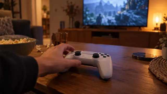 Pad PS5 leżący na stoliku przed telewizorem w salonie