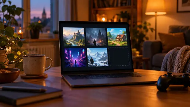 Laptop z otwartą biblioteką gier na biurku wieczorem
