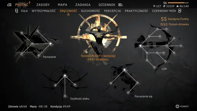 Drzewko umiejętności w grze Tainted Grail: postać, statystyki, parowanie, łuki, szybkość ataku i poruszanie się.