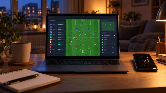 Laptop z grą menedżerską piłkarską na biurku wieczorem