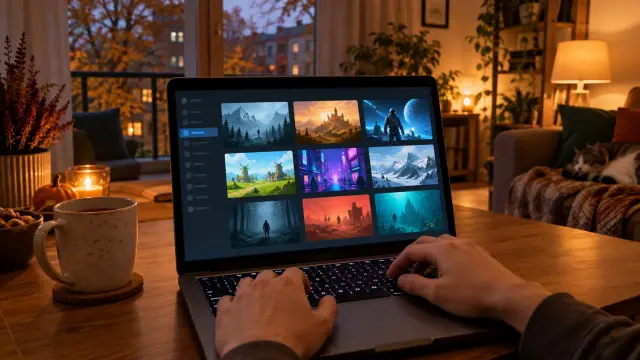 Laptop z otwartym sklepem z grami na biurku wieczorem