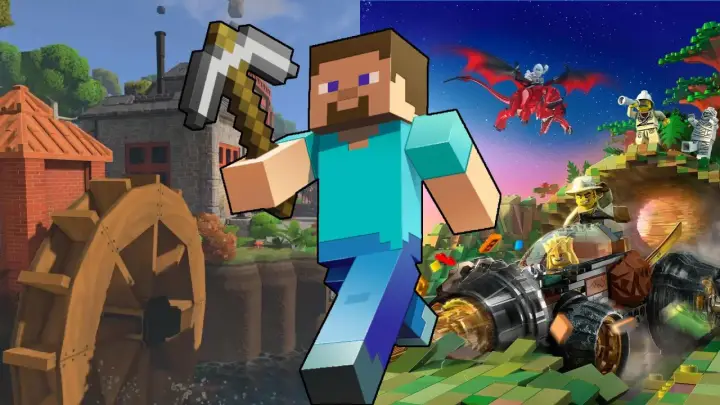 Steve z kilofem w ręku, obok niego światy inspirowane grami podobnymi do Minecrafta: z młynem wodnym i smoczym pościgiem w stylu Lego.