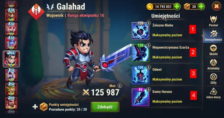 Galahad, wojownik z gry Hero Wars, z mocą 125 987, ma maksymalnie rozwinięte umiejętności.