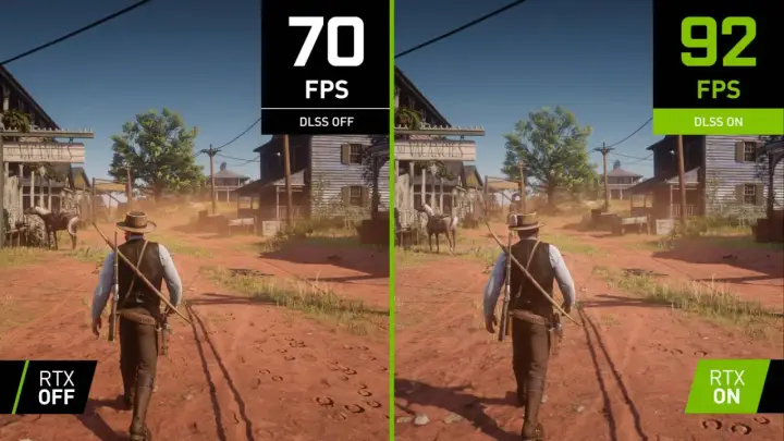 Porównanie gry z DLSS: 70 FPS (DLSS OFF) vs 92 FPS (DLSS ON). Zobacz, co to DLSS i jak poprawia płynność rozgrywki.