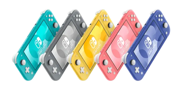 Różne rodzaje Nintendo Switch Lite: turkusowy, szary, żółty, koralowy i niebieski.