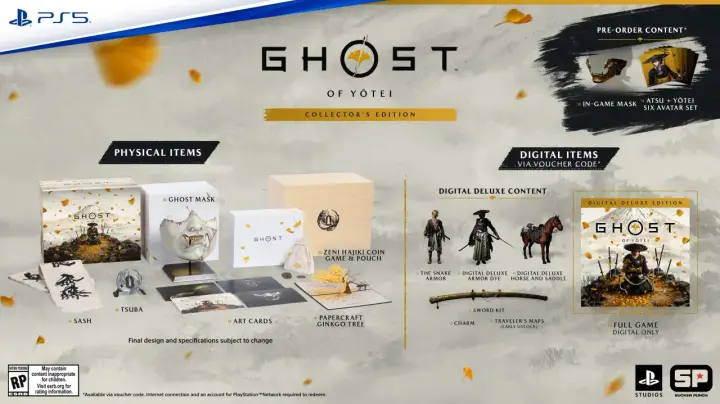 Ghost of Yotei PC Collector's Edition: fizyczne przedmioty (maska, drzewko, karty) i cyfrowe dodatki.