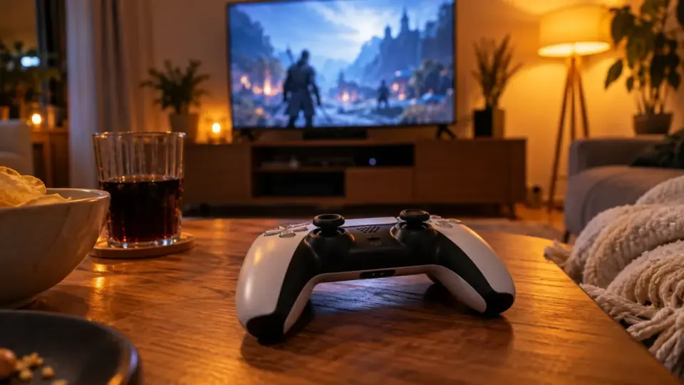 Pad PlayStation na stoliku przed telewizorem w salonie wieczorem